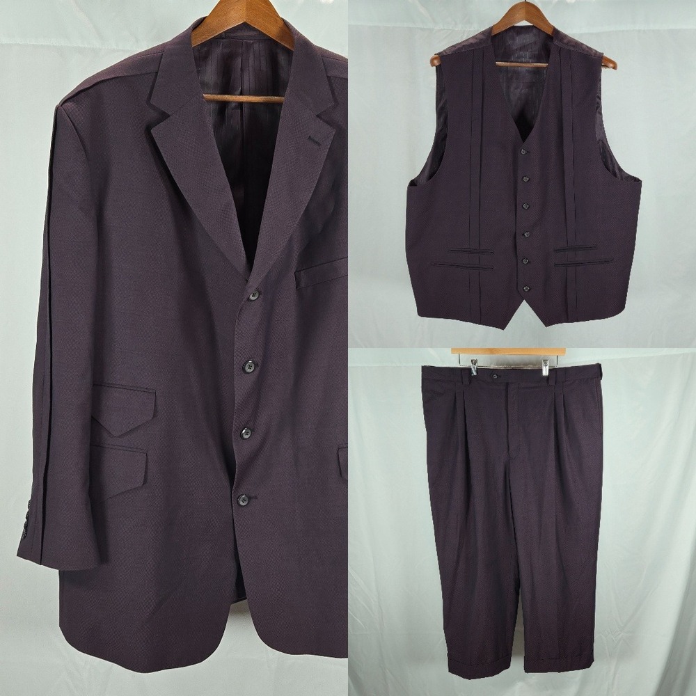EJ Samuel Mens 3-Piece Suit 52R/46R Purple Textured Jacket‎ Vest Pants Excellent